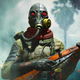 A soldier wearing a gas mask stands in a cloud of smoke while holding a rifle.